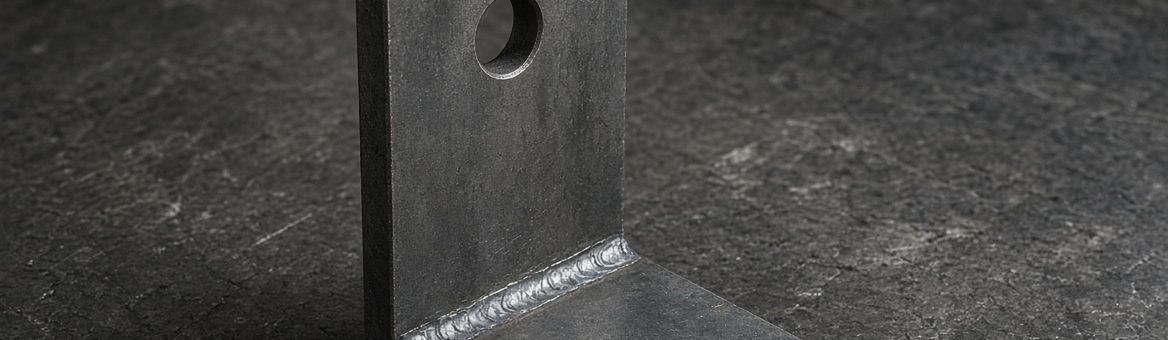A welded steel angle bracket with two bolt holes, the fillet weld running along the inside corner
