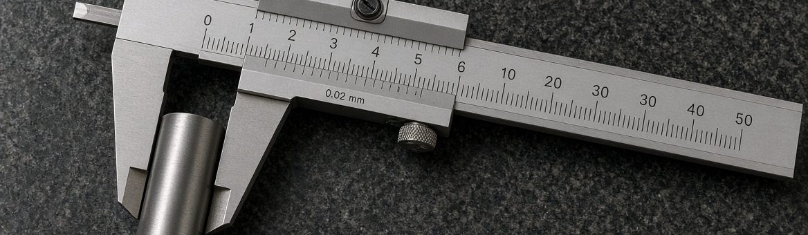 A vernier caliper closed around a machined steel shaft, the 0.02 mm scale in focus