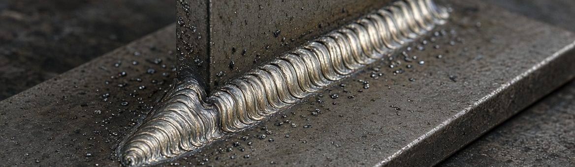 A rippled fillet weld running along the joint between an upright plate and a base plate
